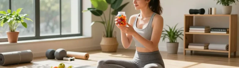 Enjoying lab-tested CBD gummies in a sunlit wellness studio with healthy snacks and plants.