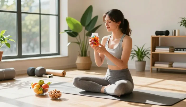 Enjoying lab-tested CBD gummies in a sunlit wellness studio with healthy snacks and plants.